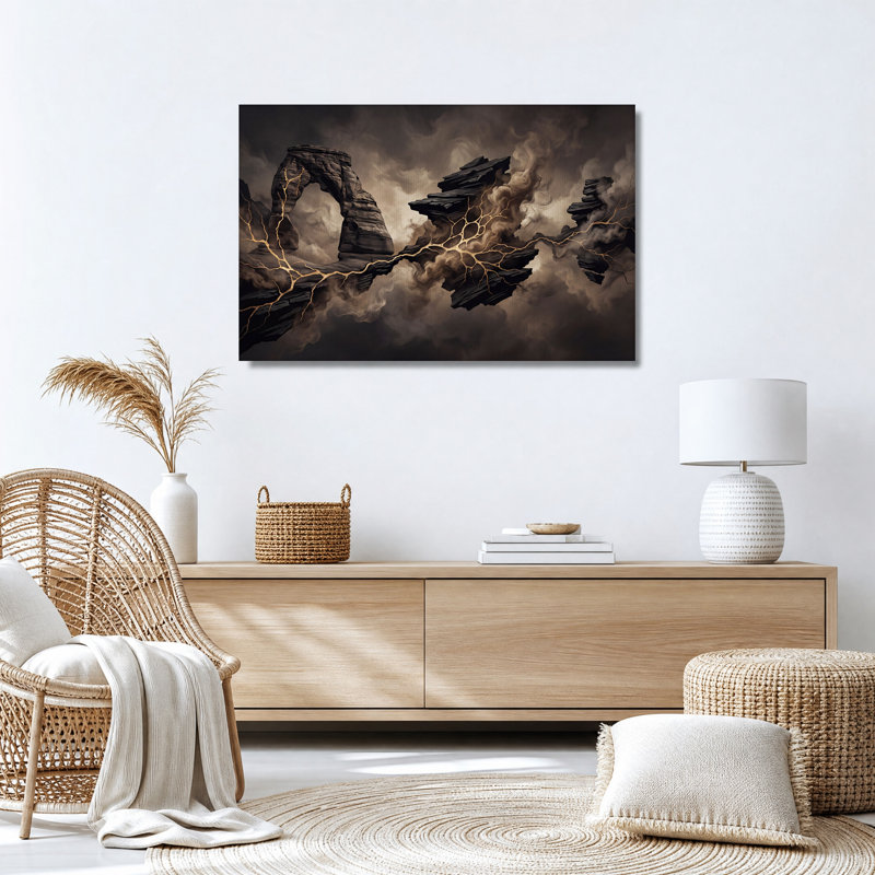 «Floating Rock Formations with Glowing Gold Cracks», art mural sur toile, 24"H x 36"W