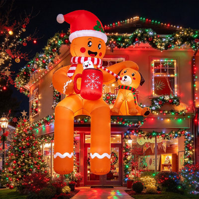 12FT Christmas Inflatables, Christmas Inflatable Outdoor Decoration Sitting Gingerbread With Built-In Led Lights, Christma Blow Ups Outdoor Roof Yard Lawn Xmas Decor