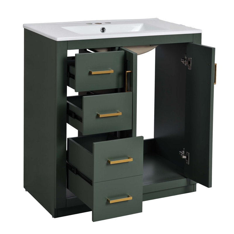 30'' Bathroom Vanity with Ceramic Sink Combo,Solid Wood Frame Bathroom Storage Cabinet, Green