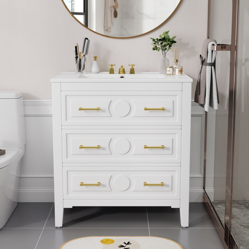Meuble-lavabo simple avec 3 tiroirs et lavabo en céramique, Blanc, Doré