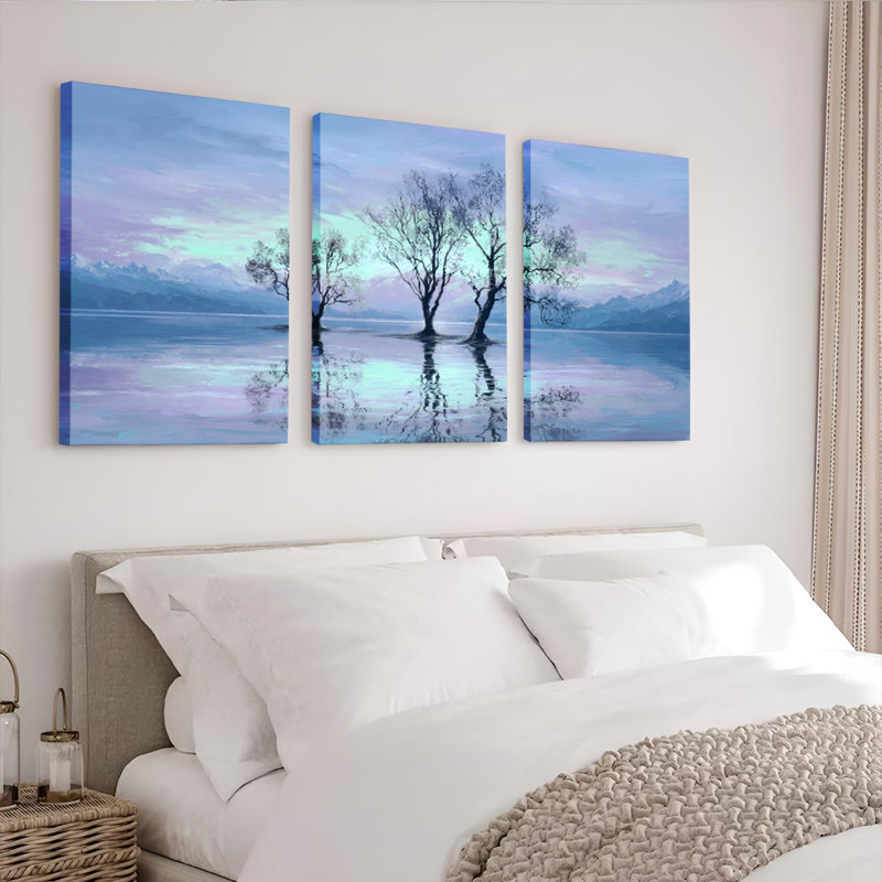 «Landscape Tree Lake Reflection», ensemble de 3 reproductions d'art sur toile tendues, H 18 po x l 36 po