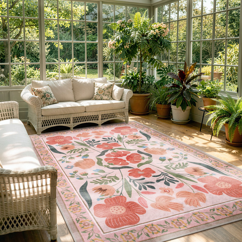  Tapis lavable floral rétro avec envers antidérapant Kaldi, Rectangle 5 pi x 7 pi