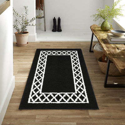 Home Decor Luxury Non-Slip Rubber Backing Safety Soft Runner Area Carpet Floor Area Rug Indoor Interior Accent Decorative Mat, Black Colour Moroccan Trellis Design, 26 x 45 Inch