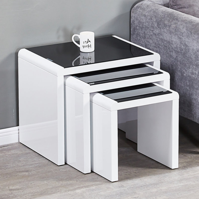 Espartaco High Gloss Glass Top 3 - Piece Nesting Coffee Table/Side Table, Black & White