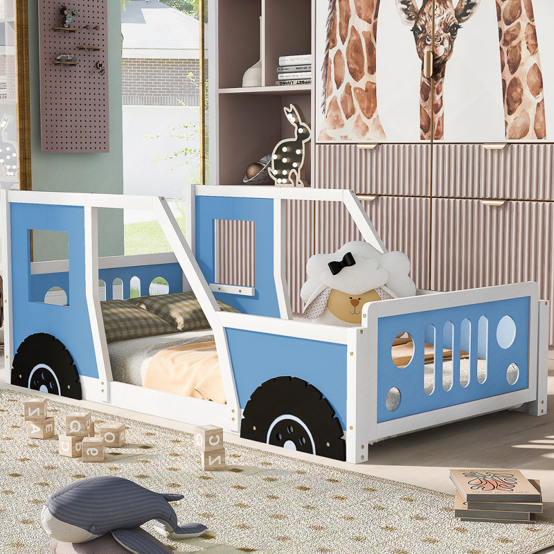 Classic Car-Shaped Platform Bed with Wheels, Twin, Blue