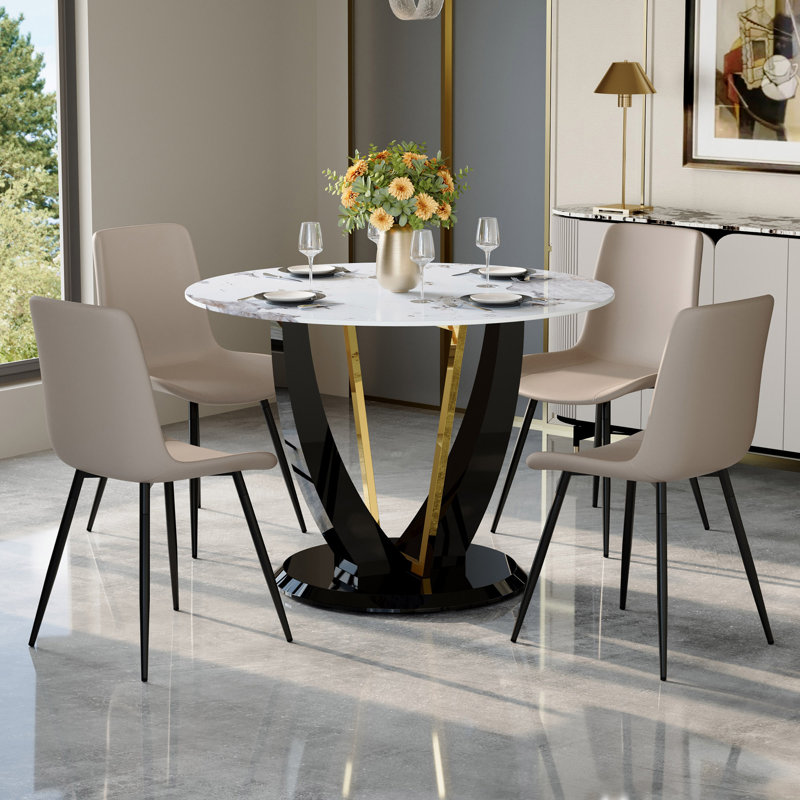 Table And Chair Set.42 Inch Diameter Round Tempered Glass Pandora Marble Patterned Dining Table - V-Shaped MDF Legs.Paired With 4 Gray Artificial PU Chairs With Curved Widened Cushion Design.
