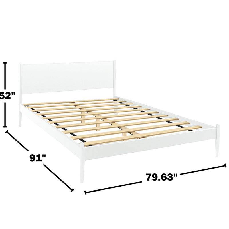 Très grand lit plateforme Mid-Century blanc, pas de sommier tapissier, pieds fuselés ronds, ensemble de lattes pour le confort de la chambre à coucher