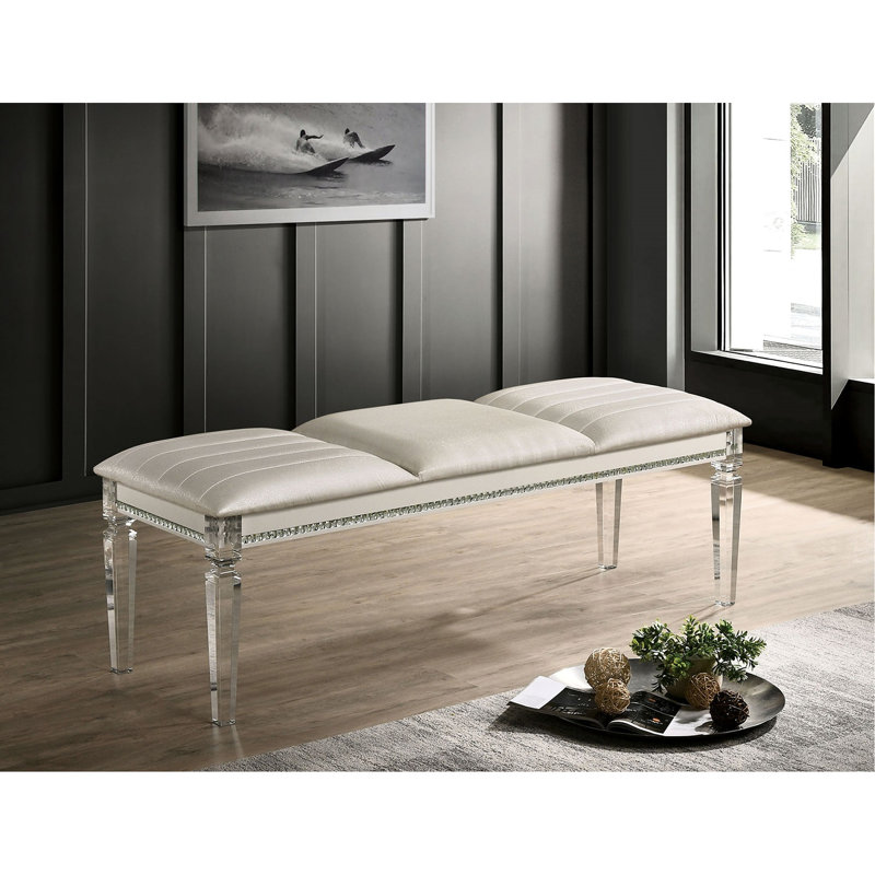 Banc classique classique 1pc avec pieds en acrylique et miroir en bois massif, Blanc antique