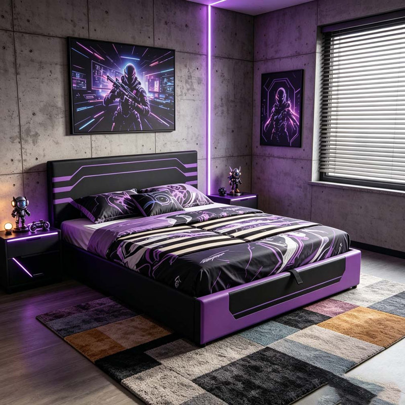 Base de lit de jeu hydraulique moderne, Mauve et noir