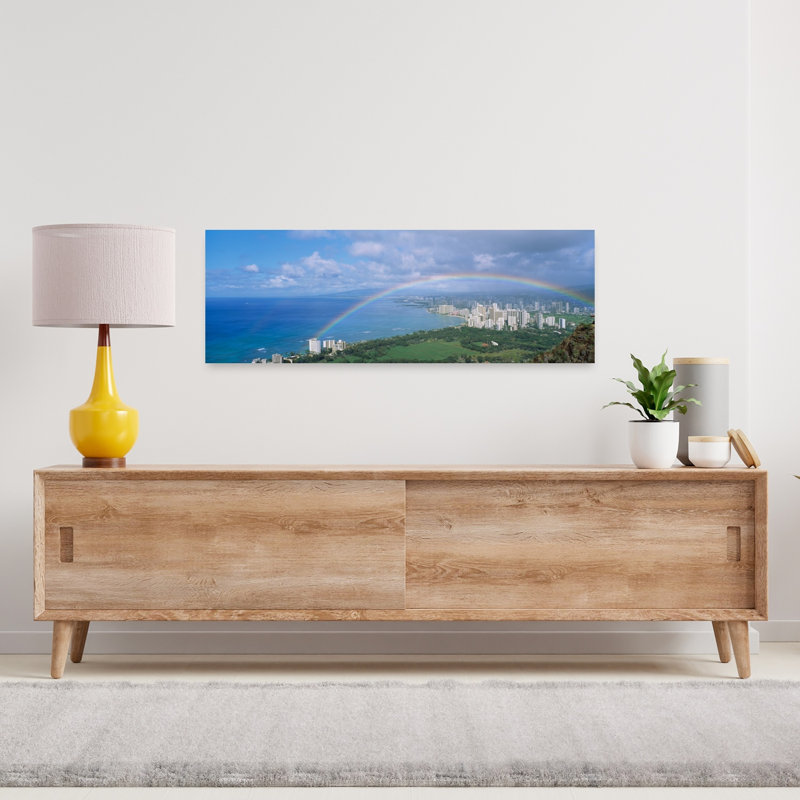 Rainbow Over A City Waikiki Honolulu Oahu Hawaii USA by Andy Caulfield - Wrapped Canvas Panoramic Print