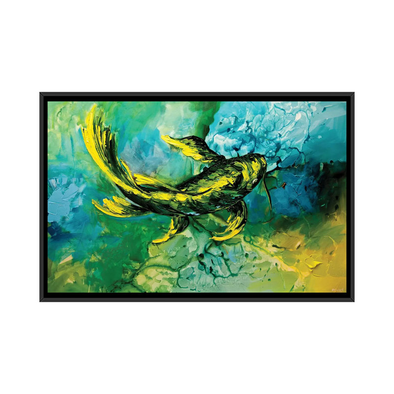 «Swiger Yellow Koi Fish», reproduction sur toile, H 18 po x l 26 po x P 1,5 po, Pas de tapis, Toile encadrée noire