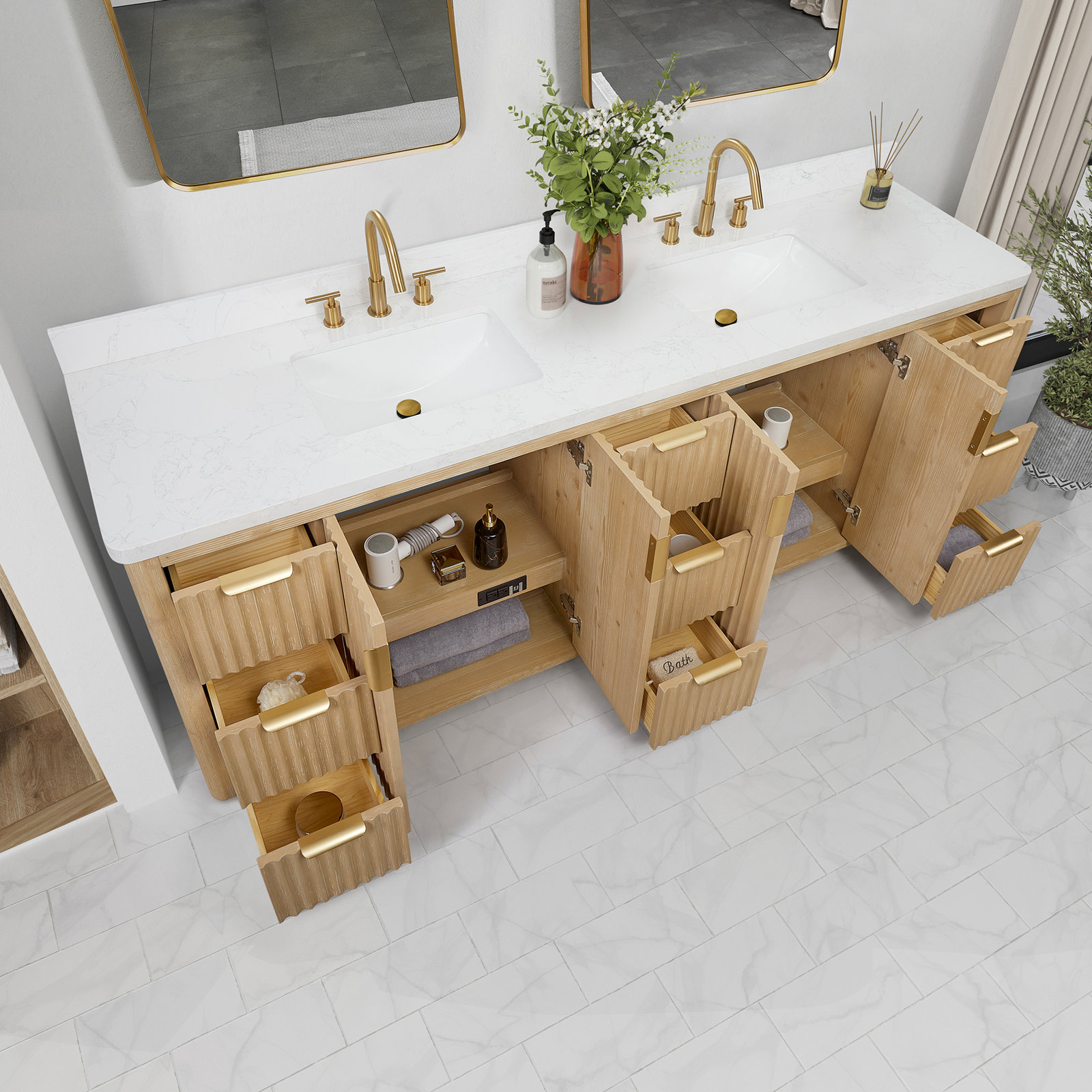 Adela 84'' Double Bathroom Vanity, White, Gold, Brown