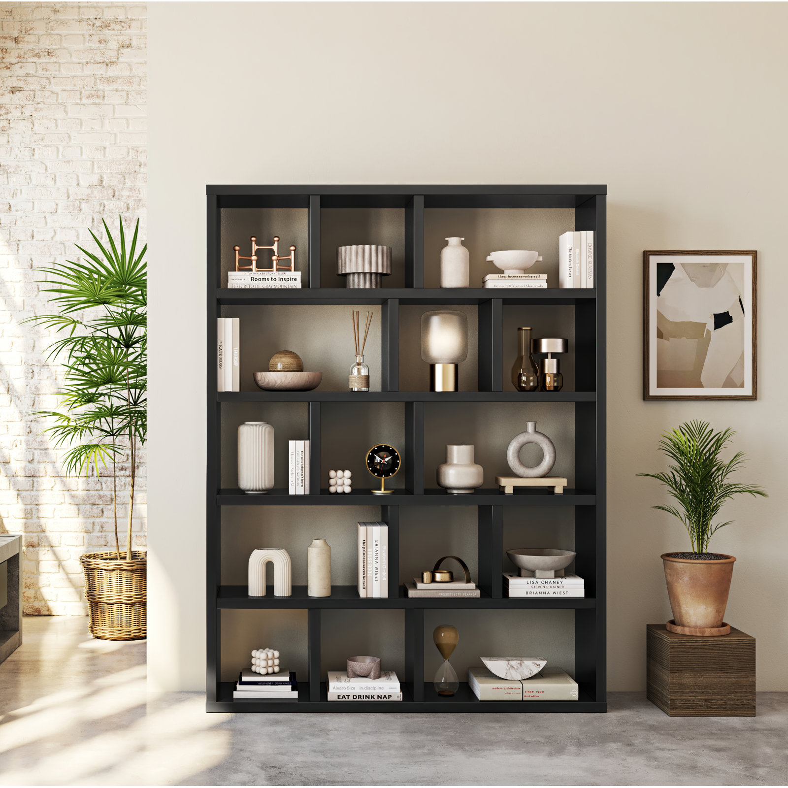 Stetson Wood Bookcase, (5 Shelves) 78" H x 59" W x 13" D, Pure Black