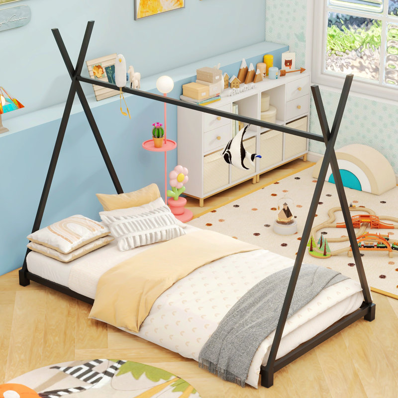 Metal Twin Size House Platform Bed With Triangle Structure, Black