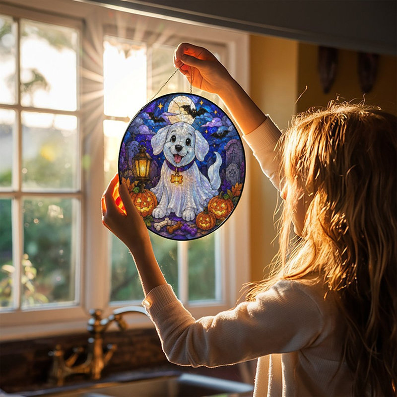 Mignon chiot blanc avec vitrail en verre coloré pour décoration de fenêtre, 7,8 x 7,8 po (20 x 20 cm)