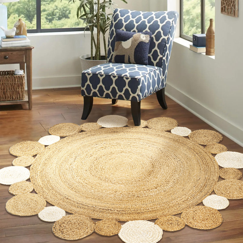 Tapis naturel / crème en jute bicolore Adwin, Rond 4 pi 1 po
