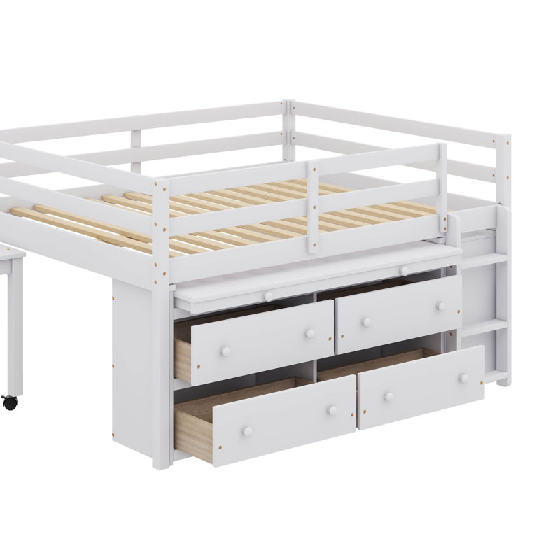 Lit surélevé en bois avec bureau latéral mobile 4 tiroirs et tablettes, Blanc, Lit double