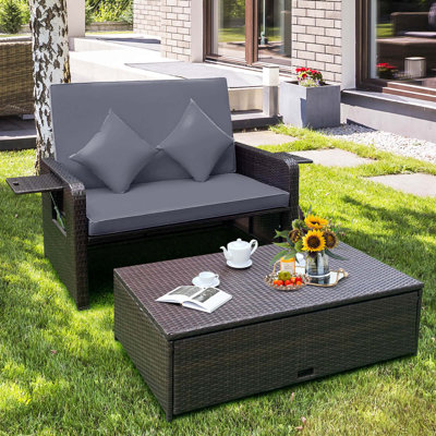  Patio Rattan Loveseat Set Daybed Lounge Storage Ottoman Side Tables Adjust 