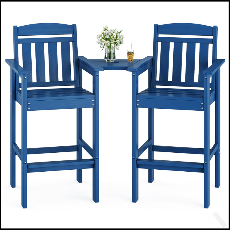 Tall Adirondack Chairs Set Of 2, HDPE Bar Stools With Connecting Tray For All-Weather Outdoor Use, Blue