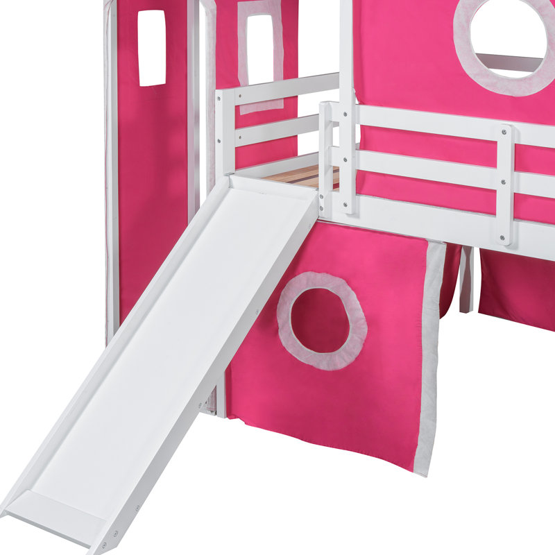 Lit mezzanine double rose avec tour et glissade - éléments uniques, construction, circulation d'air sous la glissade, structure de pin en tente fermée, semi-rangement en dessous