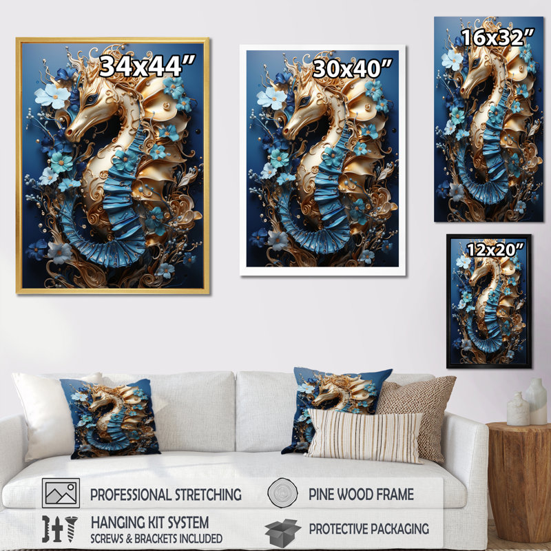 «Sapphire Seahorse Delicate Drips I», reproduction sur toile, H 20 po x l 12 po x P 1 po, Cadre photo blanc