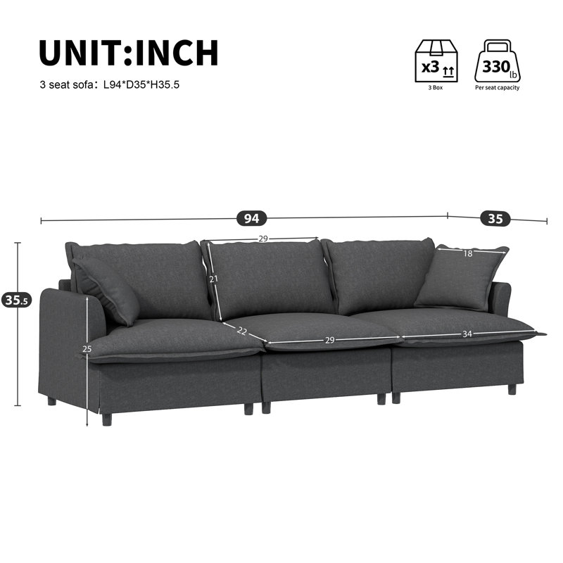 Module de canapé 94 * 35 "à 3 places pour canapé modulaire modulaire, siège large, canapé en chenille avec coussins décoratifs, mobilier d'intérieur rembourré pour salon, chambre à coucher, appartement