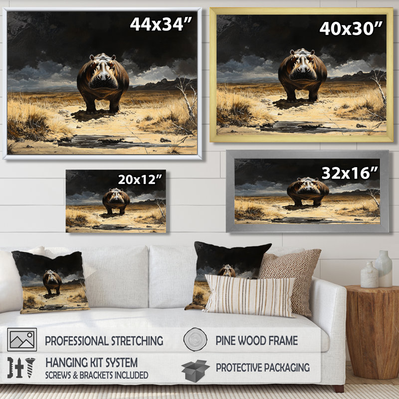 Reproduction sur toile d'un hippopotame, H 12 po x l 20 po, Reproduction encadrée d'une seule photo sans pass, Noir