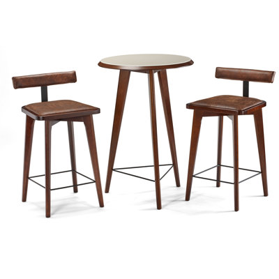 Brunswick Sao Bento 3 - Piece Pub Table Set – Solid Wood with Glass Top, Upholstered Bar Stools & Metal Footrest