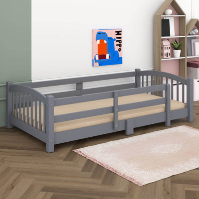 Twin Size Floor Bed With Fence And Without Door, Wooden Montessori Bed Frame With Slats And Safety Guardrails For Kids