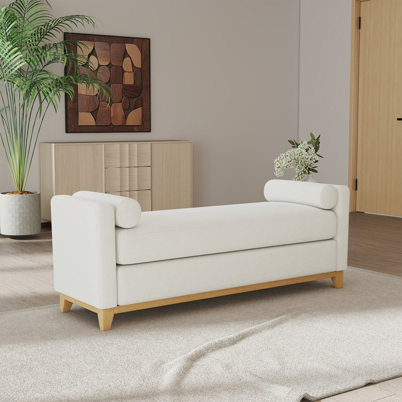 Banc rembourré avec pieds en bois massif, Naturel, Beige