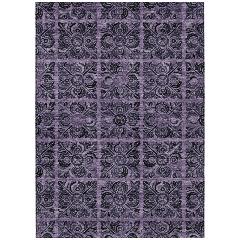 3' X 5' Purple Plum And Charcoal Medallion Washable Indoor Outdoor Area Rug