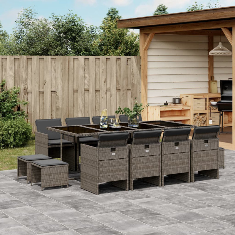  Ensemble de salle à manger de jardin pliable PE en rotin gris 12 places, Gris, Gris foncé