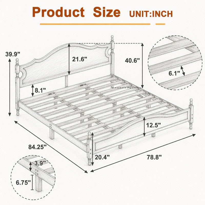 Structure de très grand lit avec tête de lit, lit plateforme en bois de style rétro avec support à lattes de bois, structure de lit très grand sans sommier, assemblage facile