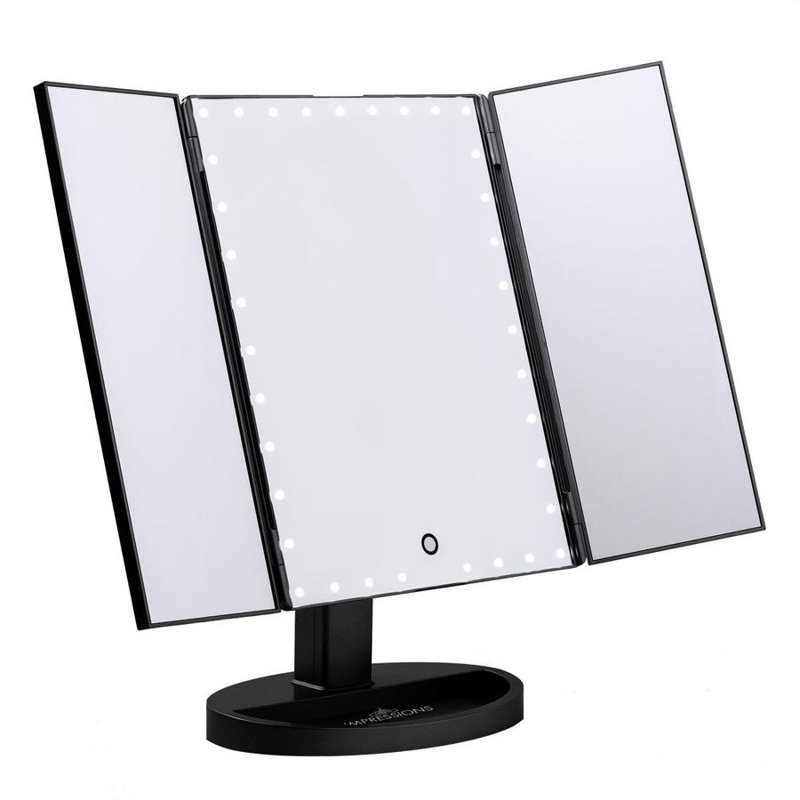 Touch Trifold XL Dimmable LED Makeup Mirror with Standing Base Vanity Dressing Mirror with USB Cable, Black