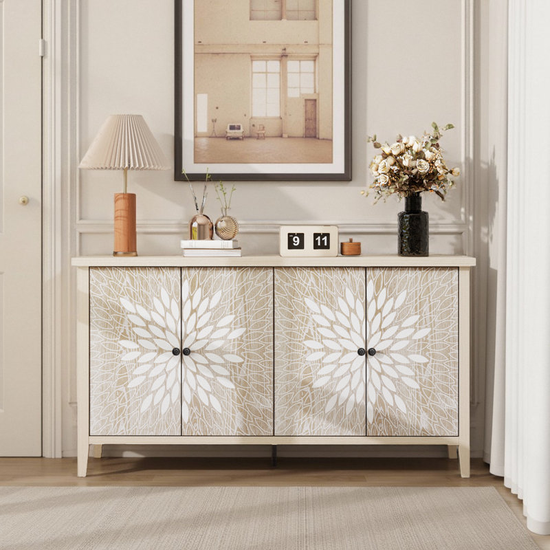 4-door Sideboard With Adjustable Shelves And Exquisite Creative Carving, Natural