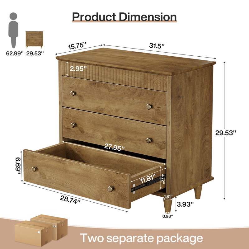 Oversized Nightstand With 3 Drawers, Brown