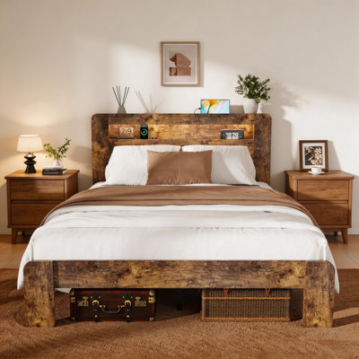 Farmhouse King Size Bed Frame with Storage Headboard, Wooden Platform Bed Frame with Charging Station & LED Light，Noise Free,No Box Spring Needed and Easy Assembly
