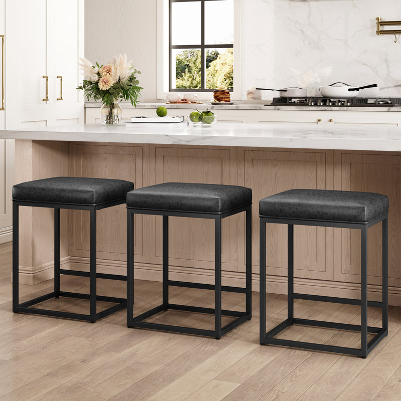 Romigh Modern 24'' Kitchen Upholstered Counter Stool with Faux Leather & Footrest, Black, Black