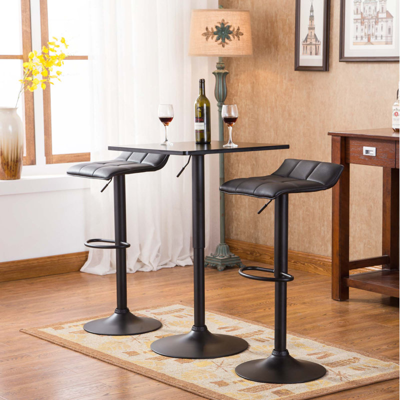 Belham Black Square Top Adjustable Height With Black Leg And Base Metal Bar Table And 2 Swivel Black Bonded Leather Adjustable Bar Stool Bar Sets