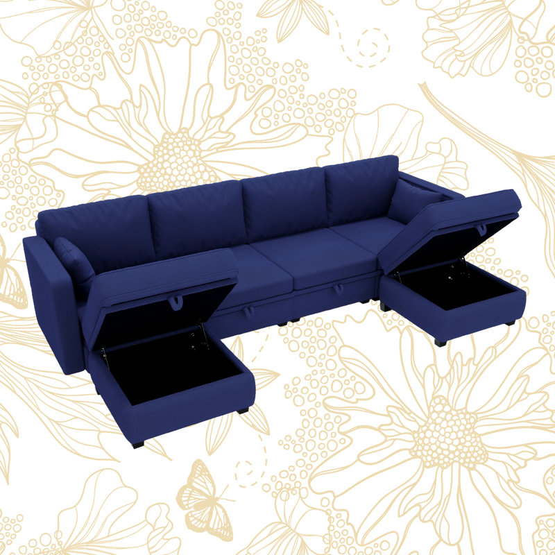 Canapé modulaire et méridienne modulaire en U de 110,24 po Darisley, 100 % polyester bleu marine