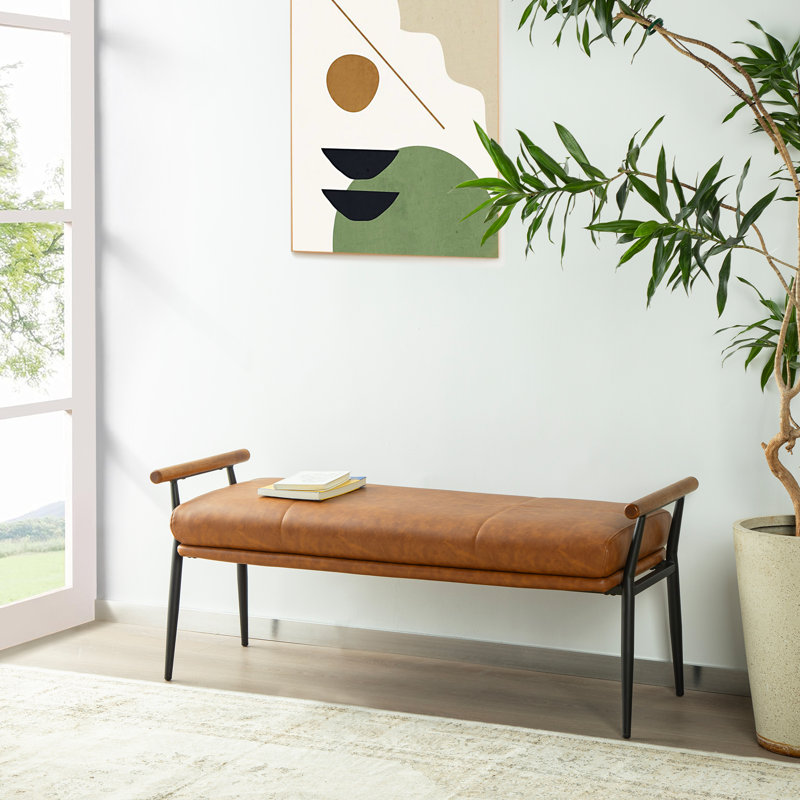 Modern Brown Upholstered Bench With Wooden Arms And Metal Legs