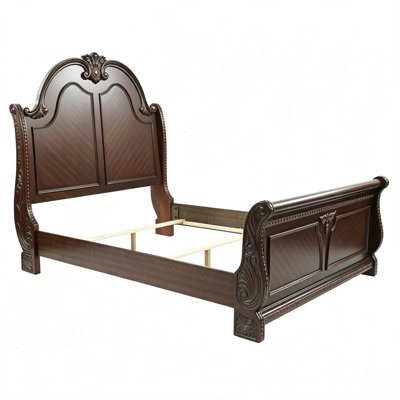 Queen Size Brown Finish Solid Wood Bed Frame, Two‑Panel Design Headboard and Footboard, Box Spring Required, Traditional Bedroom Bed