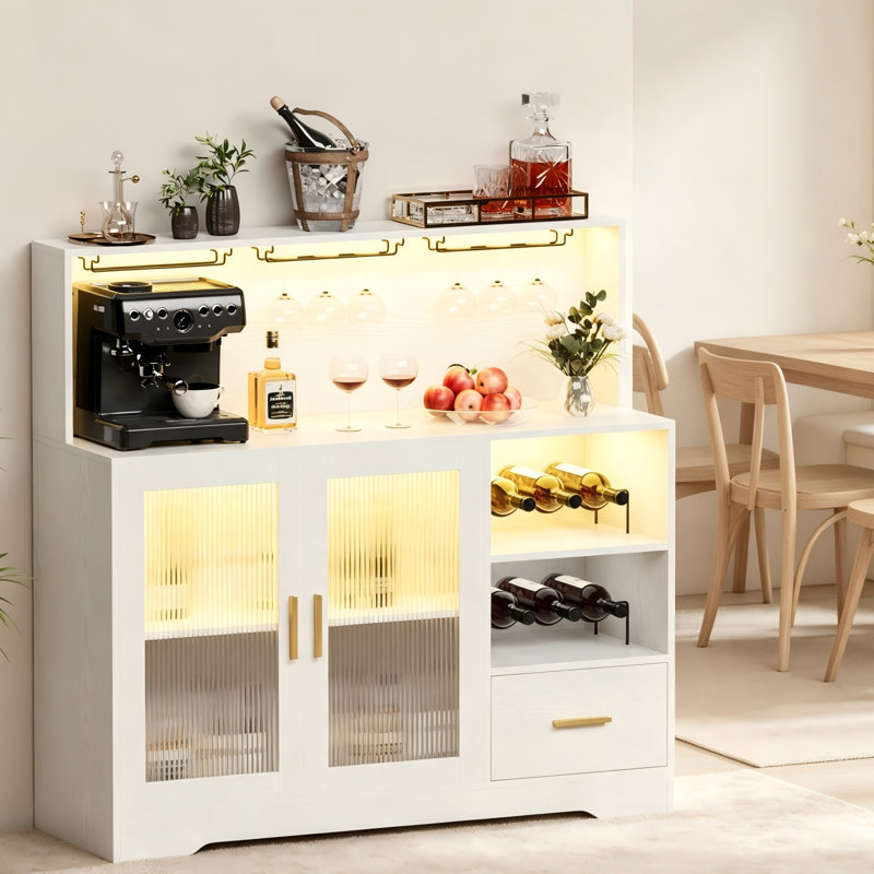 Bar Cabinet With LED Lights And Charging Station, 47.24" Wine Bar Cabinet With 2 Glass Doors, 6 Bottle Wine Rack, 9 Stemware Holder, Adjustable Shelves, Sideboard Buffet Cabinet For Living Room, Kitchen, Dining Room