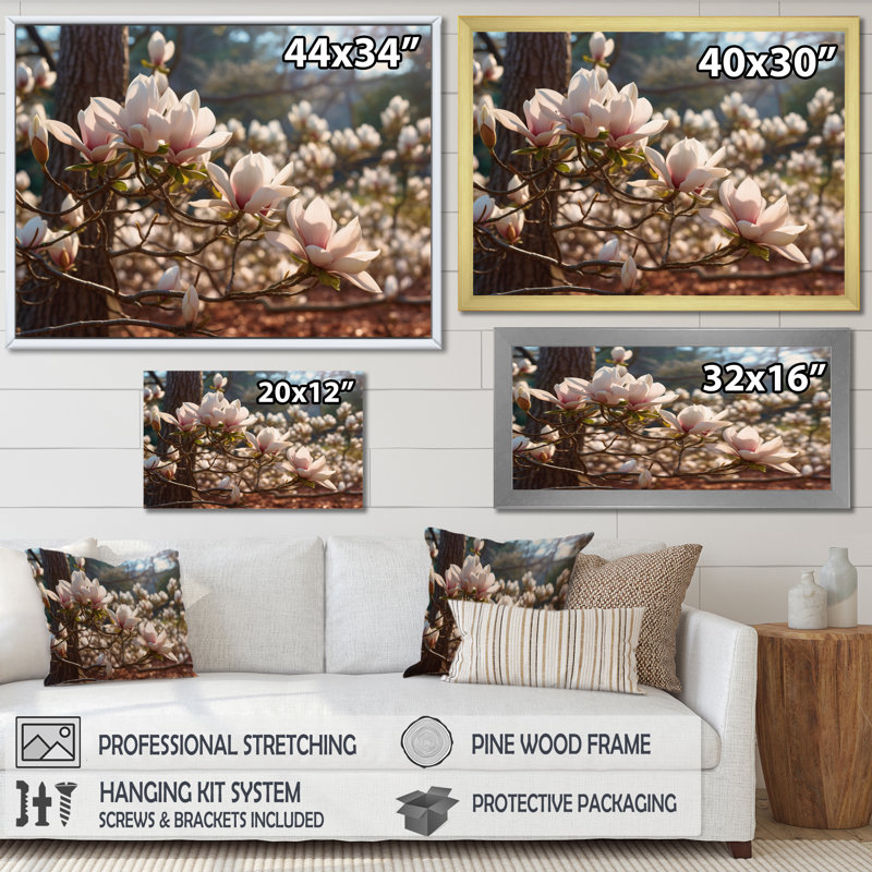 "White Pink Magnolias Landscape III", reproduction d'art sur toile, H 30 po x l 40 po x P 1,5 po, Cadre flottant blanc