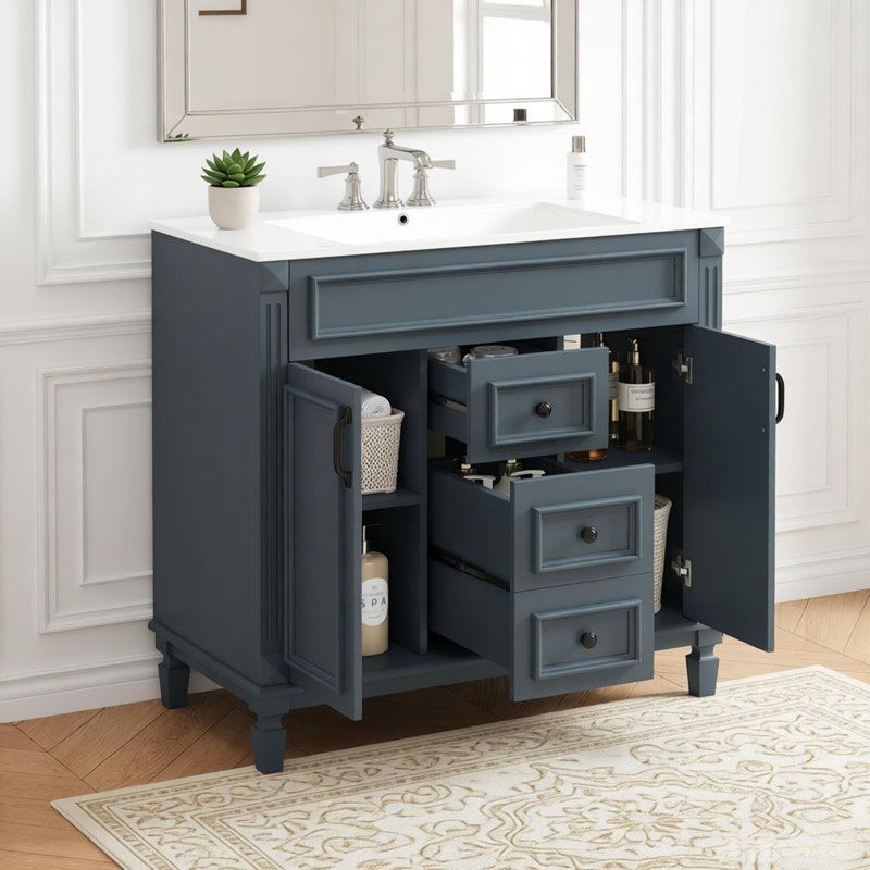 Meuble-lavabo 36 po avec lavabo supérieur, armoire de rangement moderne avec 2 portes à fermeture douce et 2 tiroirs, meuble-lavabo simple 