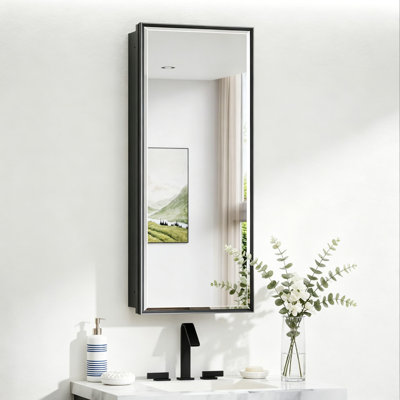 Armoire à pharmacie encastrée ou murale avec miroir biseauté, 15 po x 36 po, porte simple, structure en aluminium, métal noir, tablettes réglables