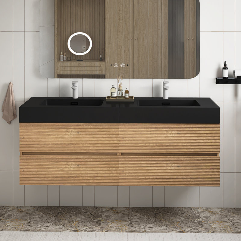 Meuble-lavabo avec lavabo à quartz et tiroirs à fermeture en douceur, meuble-lavabo mural flottant pour salle de bain moderne, lavabo une pièce