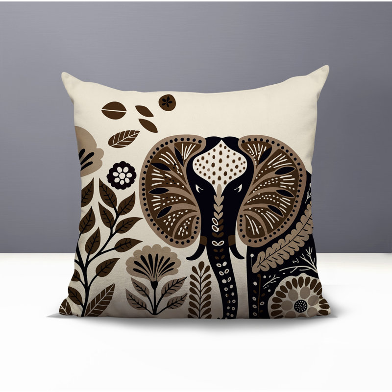 Oreiller carré réversible intérieur / extérieur à motif d'éléphants Issa, Beige, Carré 17 po