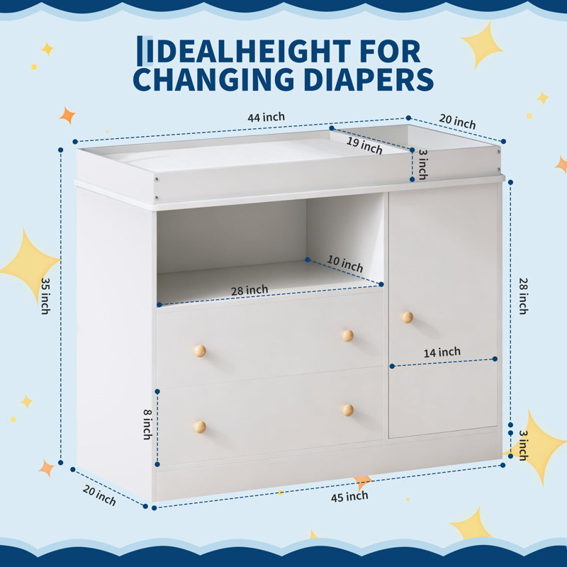 Wooden Nursery Changing Table with Cabinet Drawers Storage for Newborn and Toddler Bedroom