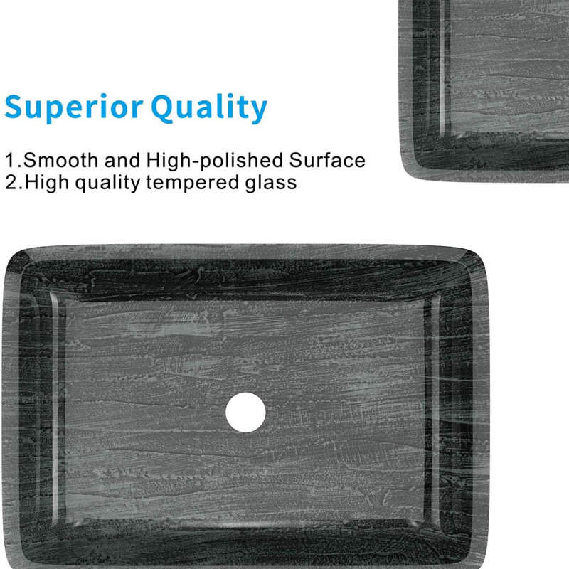 Lavabo vasque en verre, vasque rectangulaire en verre trempé, vasque rectangulaire en verre trempé gris foncé, lavabos encastrés au-dessus du comptoir